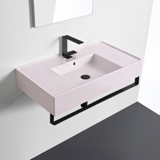 Bathroom Sink Pink Console Sink With Matte Black Towel Bar, Modern Scarabeo 5123-54-TB-BLK